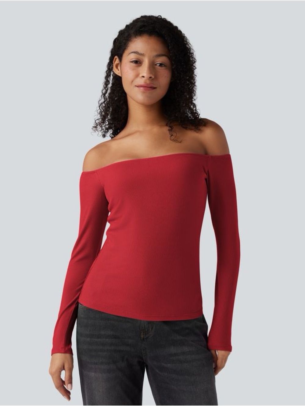 NWT Halara Ribbed Knit Off Shoulder Long Sleeve 2-in-1 Casual Top - Crimson Red